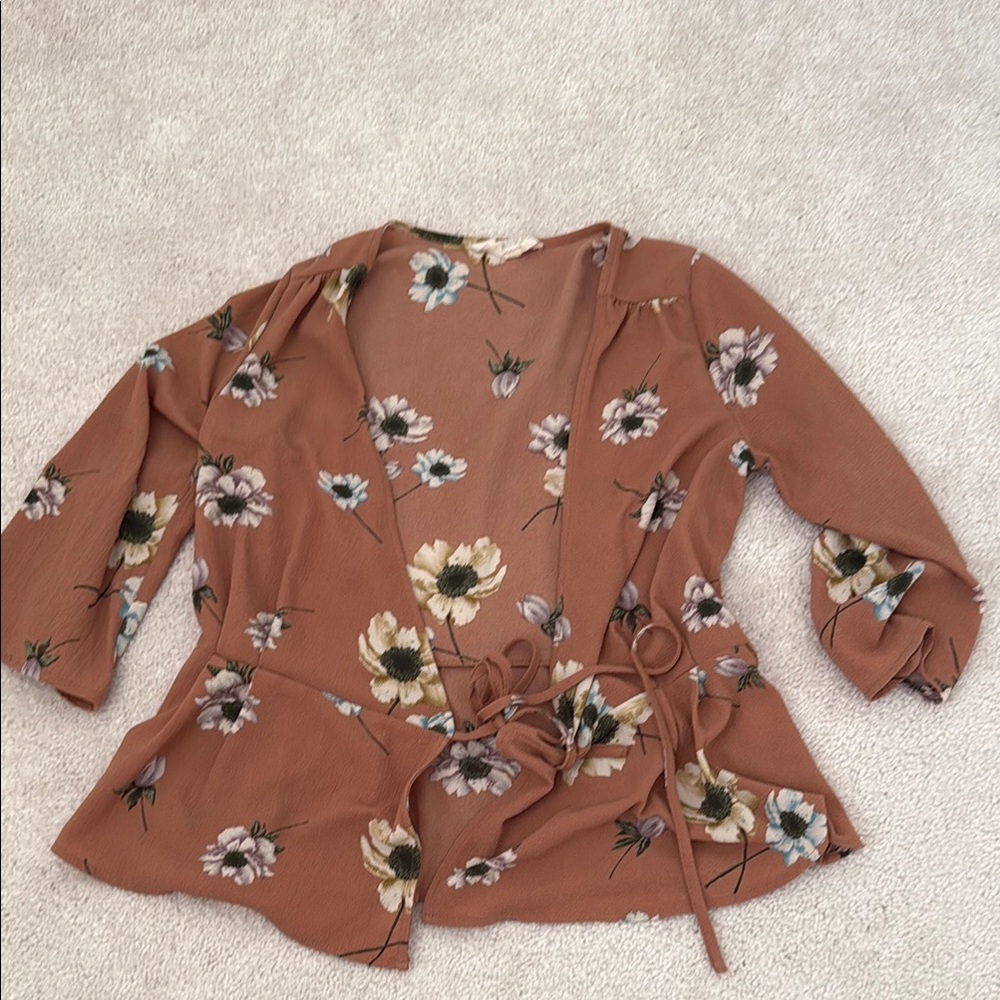 Sweet Wanderer Brown Wrap Blouse with 3/4 Sleeves